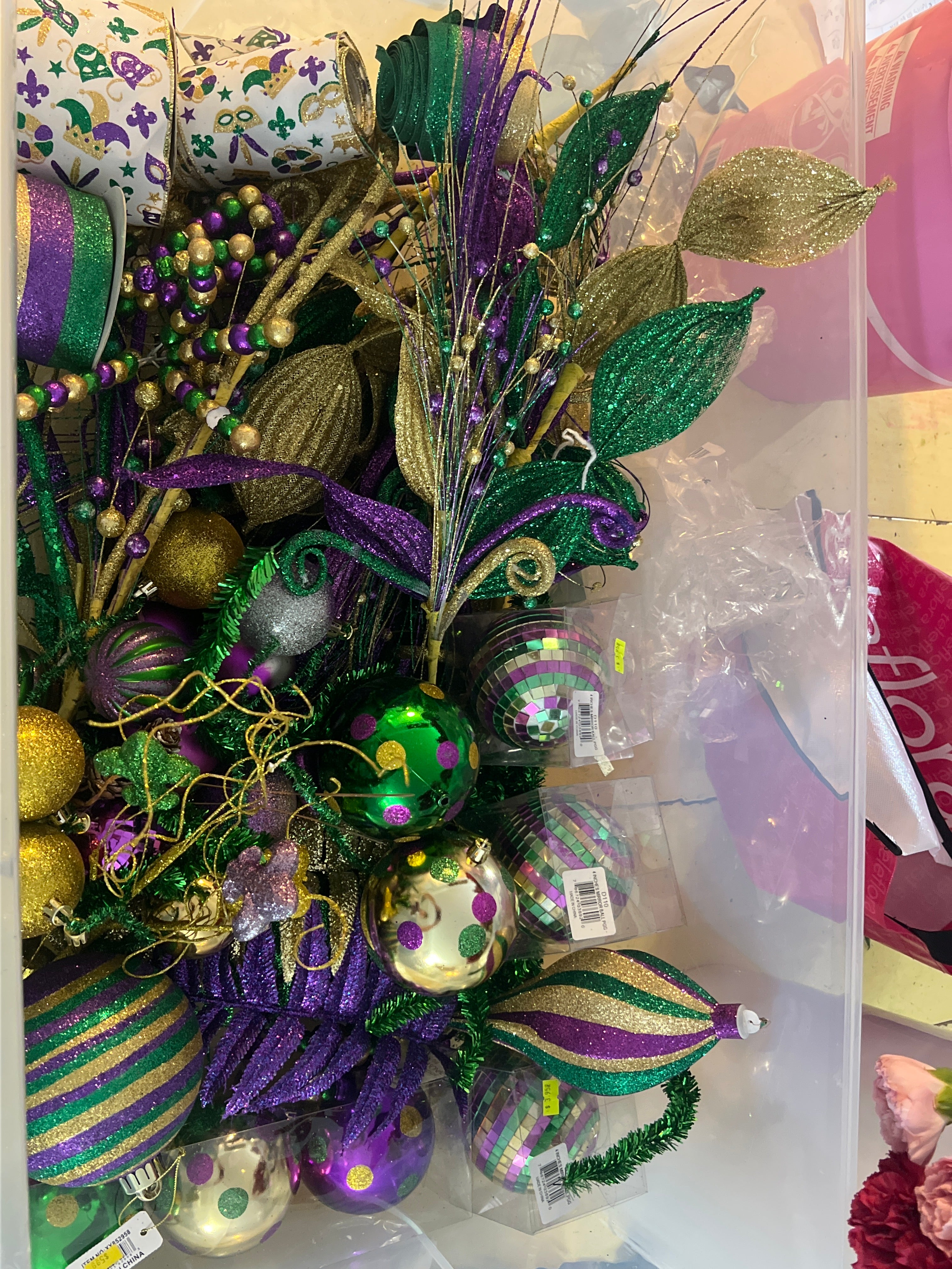 Lot of Mardi Gras Picks, Ribbon & Ornaments