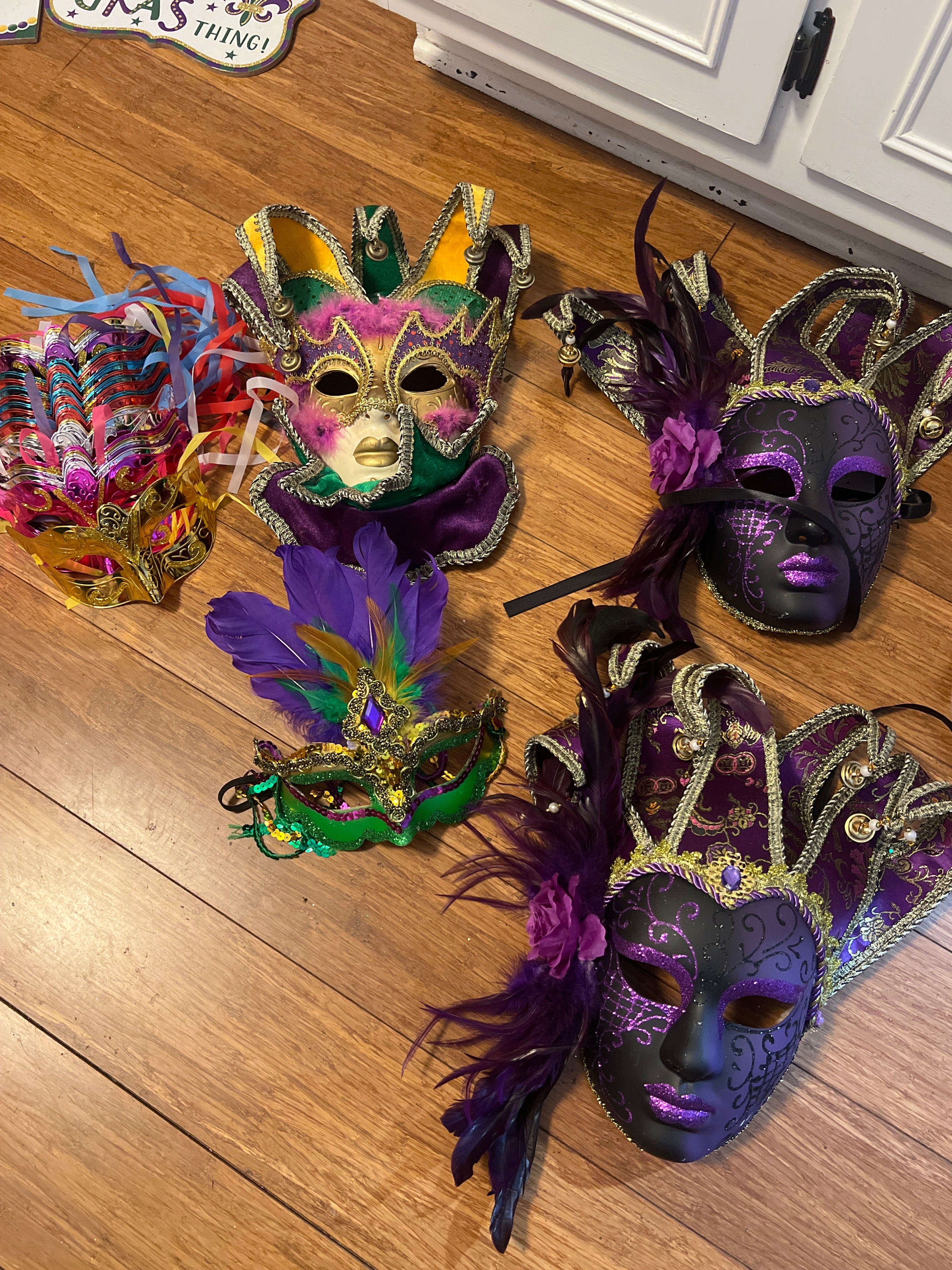 Set of 4 Mardi Gras full face masks with many eye masks in various colors (not counting them, but there are a lot)