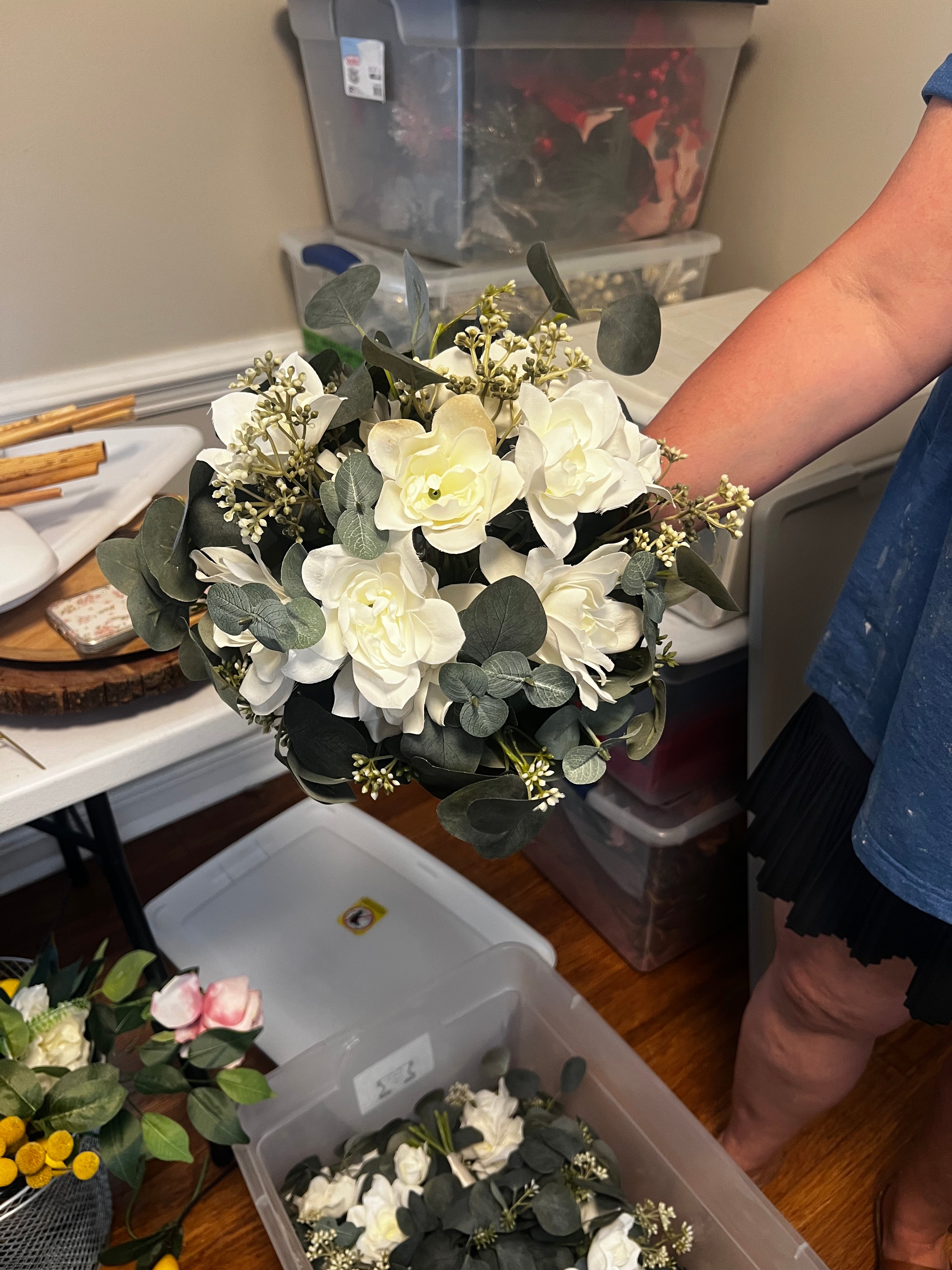 Set of 5-Permanent Botanical Bridesmaid Bouquets, Eucalyptus & White Flowers