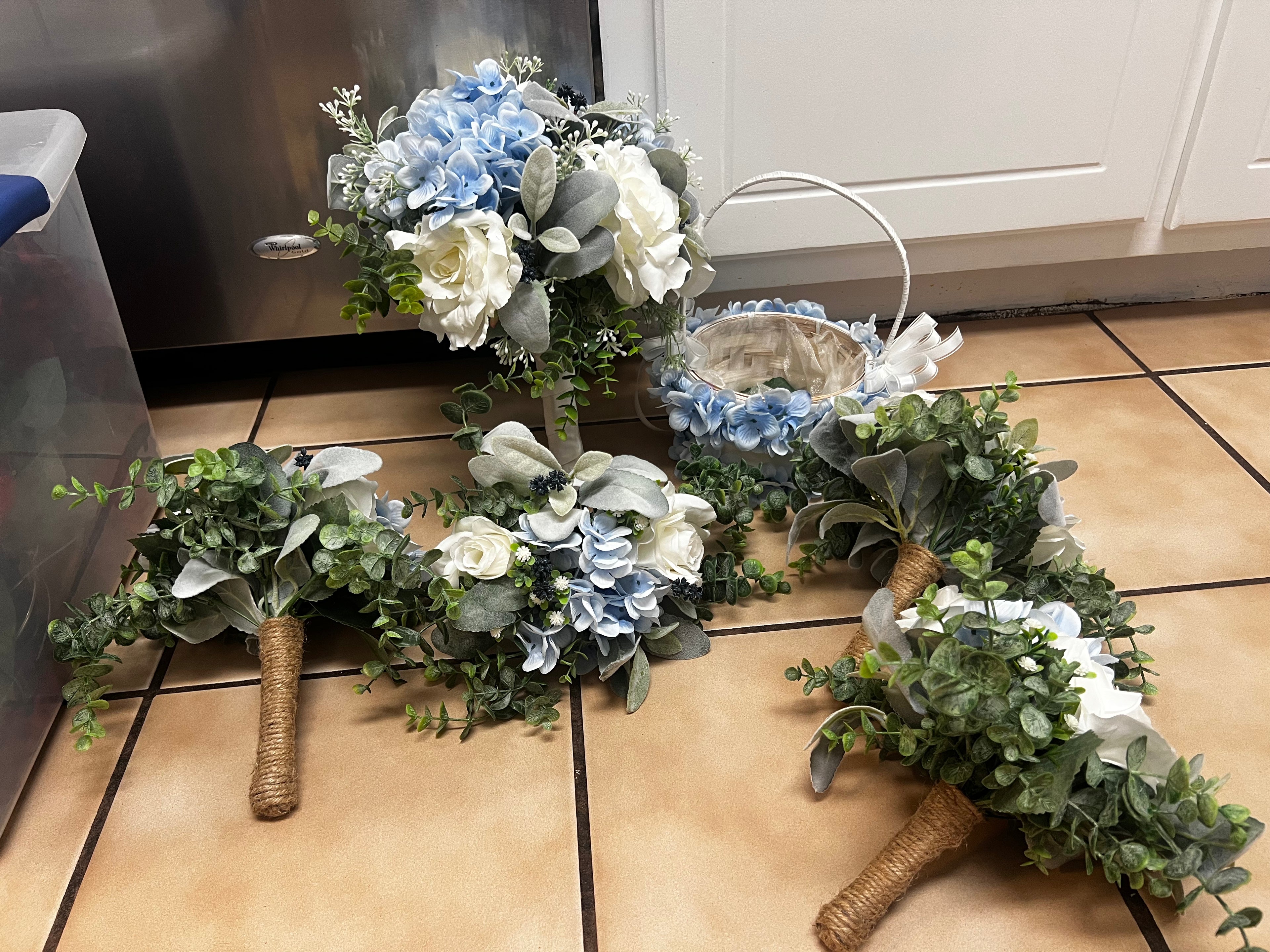 Bridal Bouquet, 4 bridesmaid Bouquets & flower girl basket - Blue Hydrangea & White - PERMANENT BOTANICAL
