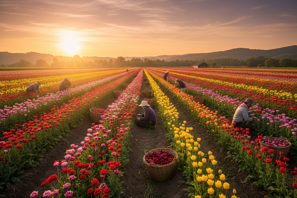 Flower Farm Field with Workers